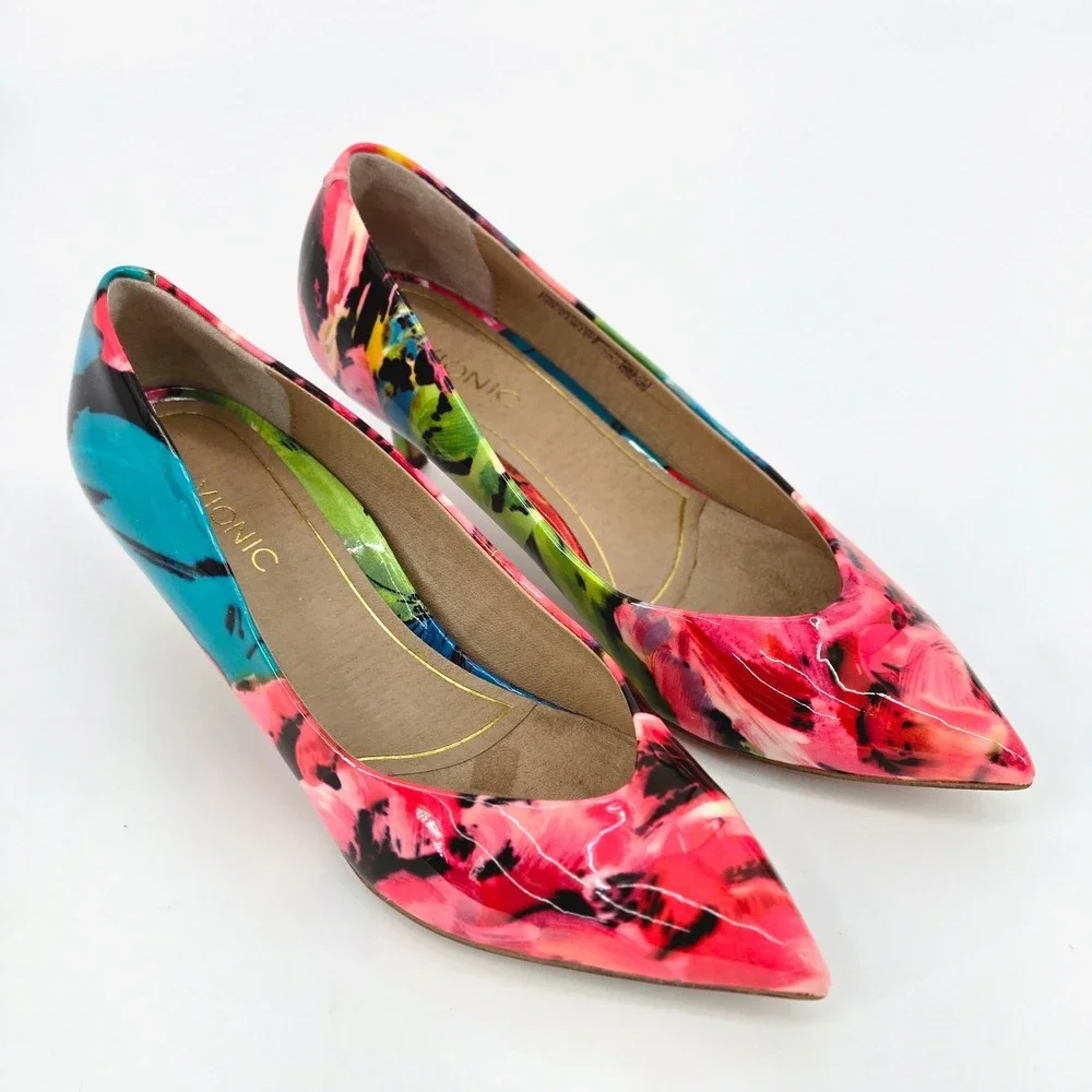Vionic Josie Floral Patent Leather Pointed Toe Kitten Heels Pumps Women's Size 8